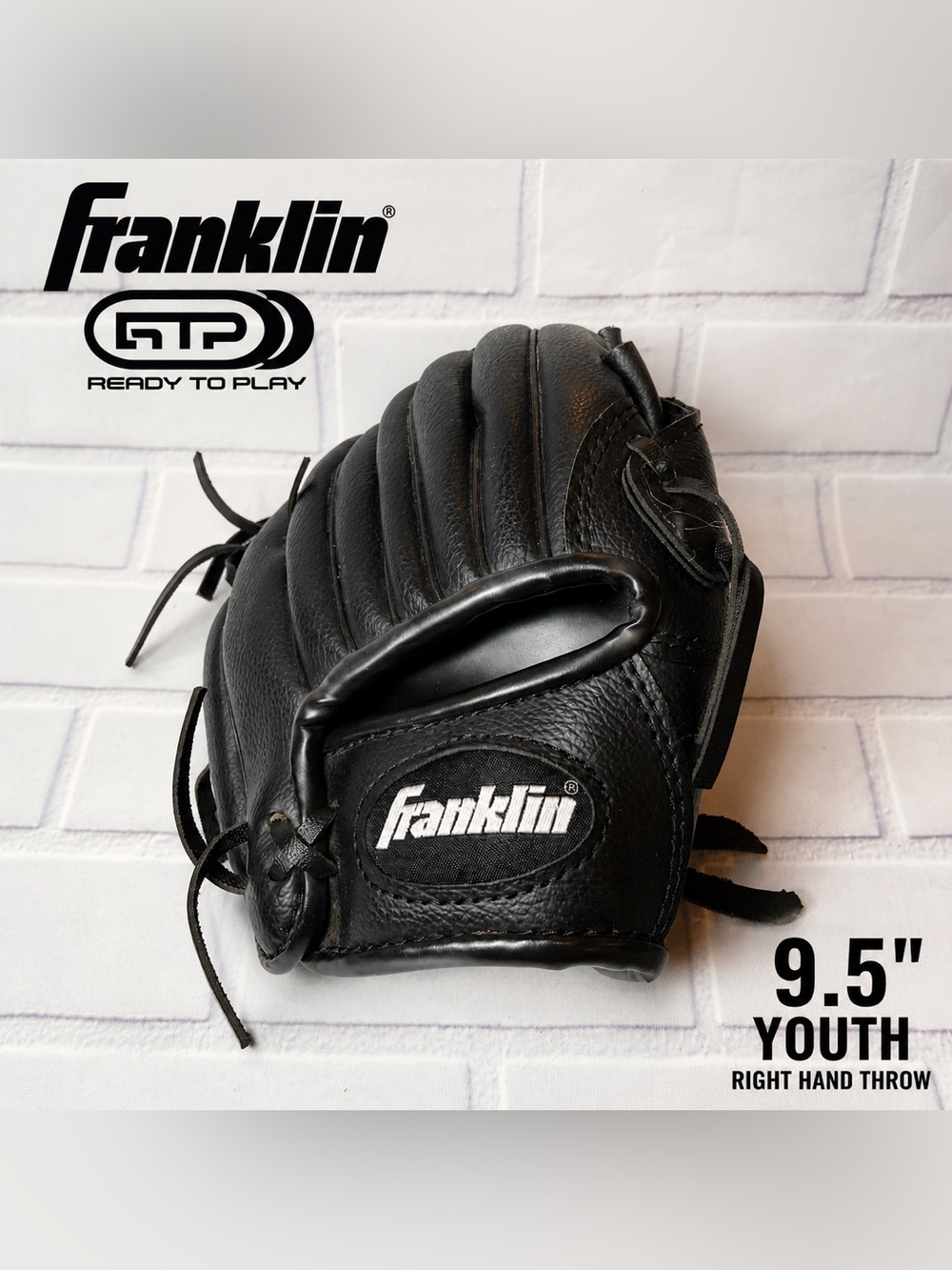 Franklin RTP Youth Baseball Glove Black 9.5” Right Hand Throw Dura-Bond Lacing